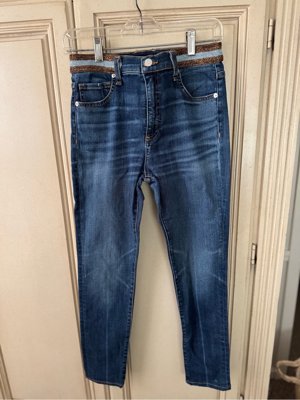 Veronica Beard Dark Blue Skinny Jeans with Metallic Waistband